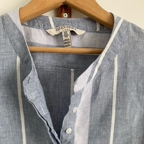 Ellen Tracy 100% linen sleeveless tunic half bitton blue and white stripes, M - Picture 3 of 9
